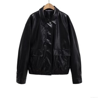 Women PU Faux Leather Jacket Loose Long Sleeve Lapel Collar Coat Solid Black Streetwear Casual Autumn Outerwear With Large Pockets And Elastic Hem