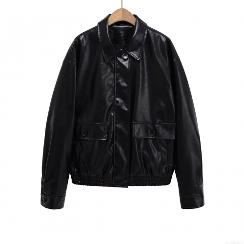 Women PU Faux Leather Jacket Loose Long Sleeve Lapel Collar Coat Solid Black Streetwear Casual Autumn Outerwear With Large Pockets And Elastic Hem