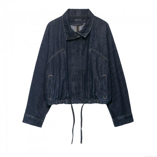 Women's Autumn Winter Denim Jacket Drawstring Hem Long Sleeve Lapel Collar Short Jean Coat Heavyweight Polyester Cotton Streetwear Outerwear For Women