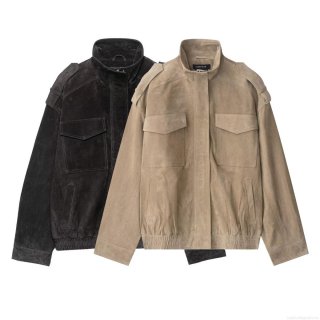 Women's Faux Suede Jacket Stand Collar Casual Loose Baseball Coat Solid Color Streetwear Outerwear With Pockets And Epaulettes For Autumn Fashion