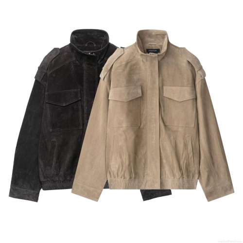 Women's Faux Suede Jacket Stand Collar Casual Loose Baseball Coat Solid Color Streetwear Outerwear With Pockets And Epaulettes For Autumn Fashion