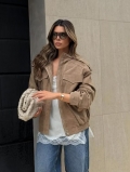Women Suede Texture Jacket Stand Collar Long Sleeve Zipper Bomber Outwear With Pockets Shoulder Epaulettes Fall Fashion Streetwear Casual Coat For Women