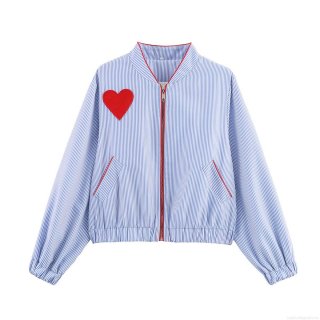 Women's European American Style Blue White Stripe Heart Patch Jacket Casual Full Zip Up Polyester Contrast Trim Baseball Uniform Outerwear For Women