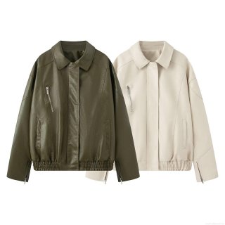 Women's Loose PU Faux Leather Bomber Jacket Lapel Collar Zipper Decor Autumn Winter Streetwear Casual Outerwear Coat