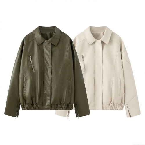 Women's Loose PU Faux Leather Bomber Jacket Lapel Collar Zipper Decor Autumn Winter Streetwear Casual Outerwear Coat