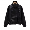 Women's Black PU Leather Bomber Jacket Casual Loose Cropped Moto Coat With Pockets Long Sleeve Streetwear Outerwear For Autumn Winter