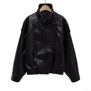 Women's Black PU Leather Bomber Jacket Casual Loose Cropped Moto Coat With Pockets Long Sleeve Streetwear Outerwear For Autumn Winter