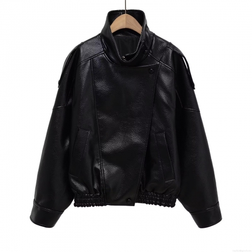Women's Black PU Leather Bomber Jacket Casual Loose Cropped Moto Coat With Pockets Long Sleeve Streetwear Outerwear For Autumn Winter