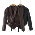 Women's Streetwear PU Leather Jacket Faux Leather Moto Biker Coat With Tie Waist And Shoulder Lace-up Details Solid Color Irregular Hem Casual Outerwear