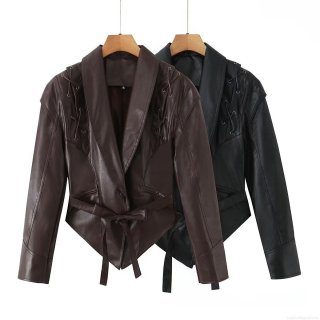 Women's Streetwear PU Leather Jacket Faux Leather Moto Biker Coat With Tie Waist And Shoulder Lace-up Details Solid Color Irregular Hem Casual Outerwear