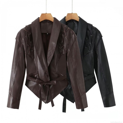 Women's Streetwear PU Leather Jacket Faux Leather Moto Biker Coat With Tie Waist And Shoulder Lace-up Details Solid Color Irregular Hem Casual Outerwear