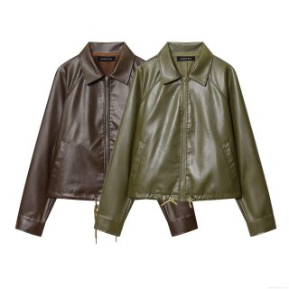 Women's PU Synthetic Leather Jacket Chic Lapel Collar Long Sleeve Outerwear With Adjustable Drawstring Hem Autumn Streetwear Zip Up Coat For Ladies