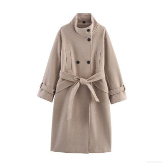 Women's Elegant Stand Collar Woolen Coat Double Breasted Khaki Long Jacket With Waist Belt Autumn Winter Warm Streetwear Overcoat Outwear