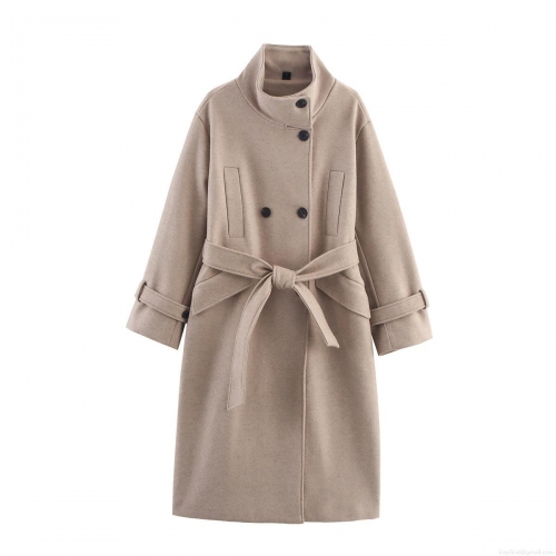 Women's Elegant Stand Collar Woolen Coat Double Breasted Khaki Long Jacket With Waist Belt Autumn Winter Warm Streetwear Overcoat Outwear