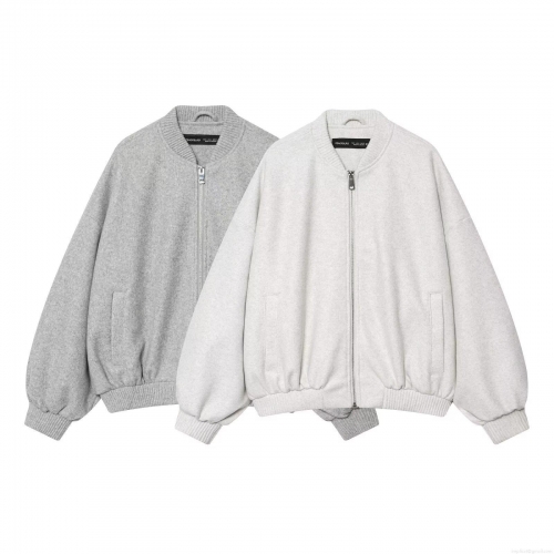 Women's Casual Loose Bomber Jacket Solid Color Zipper Up Woolen Look Long Sleeve Outerwear Stand Collar Streetwear Fashion Coat For Autumn Winter