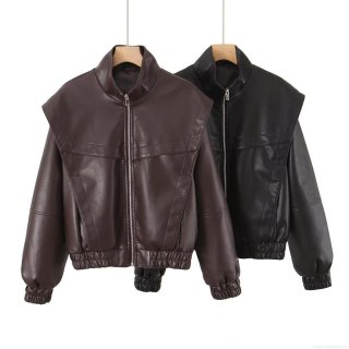Women's PU Leather Jacket Stand Collar Zipper Spliced Fashion Coat For Autumn Winter Casual Streetwear Ladies Windproof Outerwear With Polyester Lining