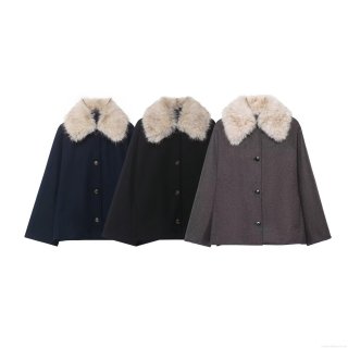 Women's Short Woolen Texture Coat With Large Faux Fur Collar Single Breasted Long Sleeve Button Jacket Casual Streetwear Outerwear For Autumn Winter