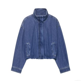 Women's Denim Jacket Stand Collar Long Sleeve Loose Short Polyester Coat Autumn Royal Blue Streetwear Outwear With Contrast Stitching Pockets