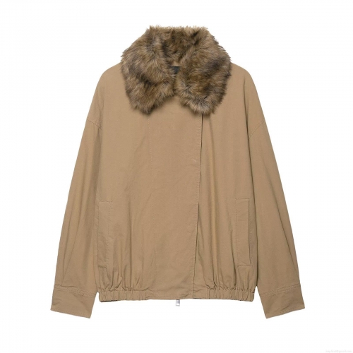 Women's European Style Khaki Faux Fur Collar Jacket Streetwear Baseball Uniform Solid Color Long Sleeve Outerwear For Autumn Winter