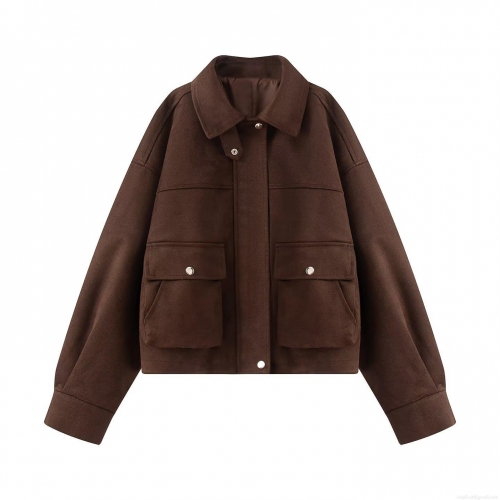 Women's Faux Suede Jacket Lapel Long Sleeve Solid Color Coat With Pockets Metal Buttons Casual Western Style Streetwear Workwear Outwear For Autumn Winter