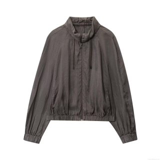 Women's Chic Bomber Jacket Cotton Polyamide Blend Zipper Stand Collar Drawstring Streetwear Flight Jacket Outerwear For Ladies