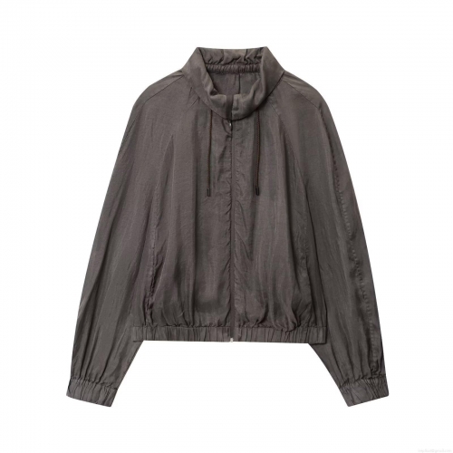 Women's Chic Bomber Jacket Cotton Polyamide Blend Zipper Stand Collar Drawstring Streetwear Flight Jacket Outerwear For Ladies