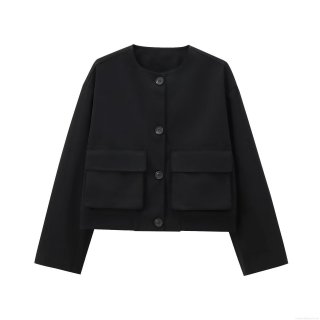 Women's Short Bomber Jacket Solid Black Polyester Twill Single Breasted Round Neck Coat With Large Flap Pockets Streetwear Outerwear For Autumn Winter