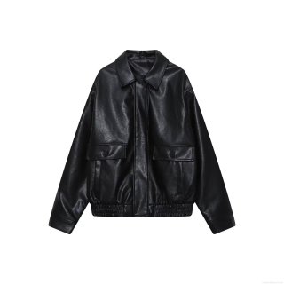 Women's Oversized PU Leather Jacket Retro Lapel Zipper Baseball Uniform Outerwear With Pockets Loose Fit Solid Black Faux Leather Coat For Autumn Streetwear