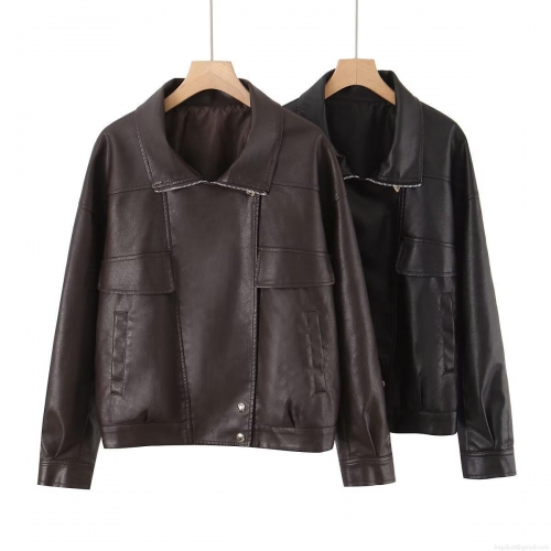 Women's PU Leather Jacket With Polyester Lining Loose Fit Lapel Long Sleeve Zip Outerwear With Pockets For Autumn Winter Streetwear