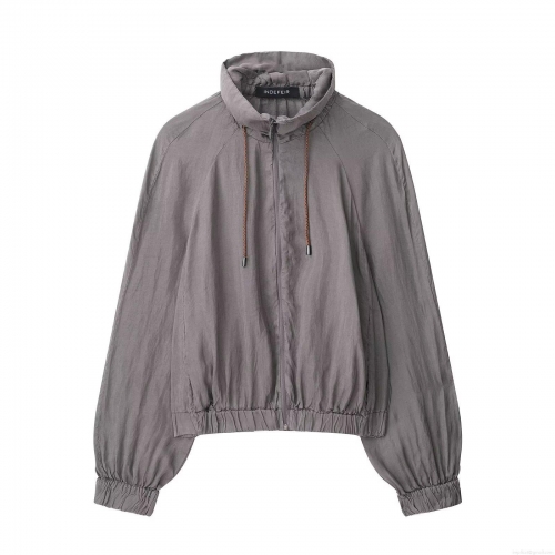 Women's European Style Stand Collar Long Sleeve Zipper Jacket Lightweight Solid Color Baseball Uniform With Drawstring Hem Casual Streetwear Autumn Outerwear