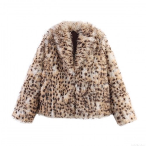 Women's Leopard Print Faux Fur Jacket Long Sleeve Lapel Hidden Button Winter Warm Street Style Coat With 100% Polyester Lining