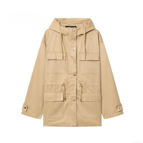 Women's Cargo Hooded Jacket Polyester Twill Fabric Mid-Length Drawstring Waist Utility Windbreaker Coat with Multi-Pockets Khaki Outdoor Casual Streetwear for Women