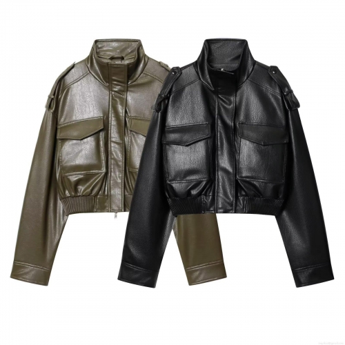 Women's Streetwear PU Faux Leather Short Jacket Stand Collar Long Sleeve Moto Biker Cropped Outwear With Pockets Zipper Closure Ribbed Hem For Autumn Winter