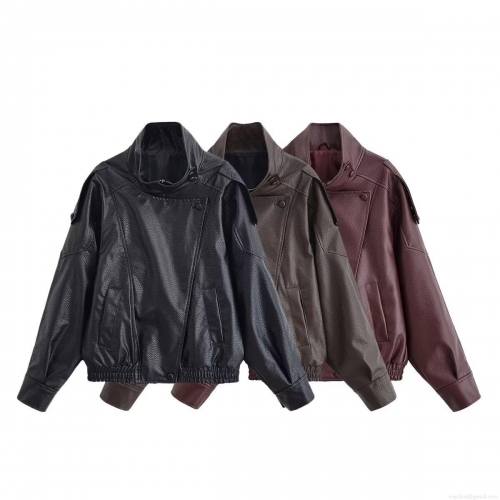Women's PU Leather Jacket Pebble Grain Faux Leather Stand Collar Zip Up Oversized Biker Jacket Vintage Autumn Winter Casual Coat Streetwear Outwear For Women
