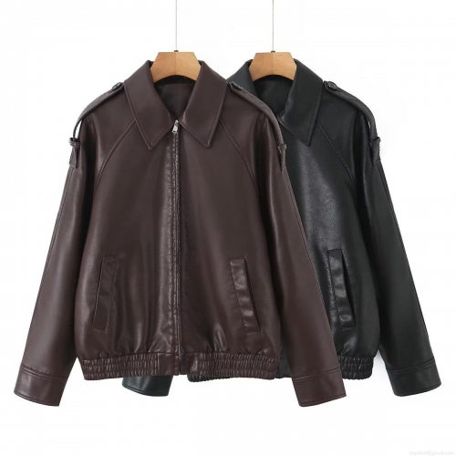 Women's Loose PU Leather Jacket Western Style Lapel Zipper Outerwear With Pockets Shoulder Straps Elastic Hem For Autumn Winter