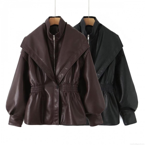 Women's PU Leather Jacket Double Layer Collar Lantern Sleeve Cinch Waist Zipper Closure Solid Color Streetwear Casual Autumn Winter Windproof Outerwear Coat