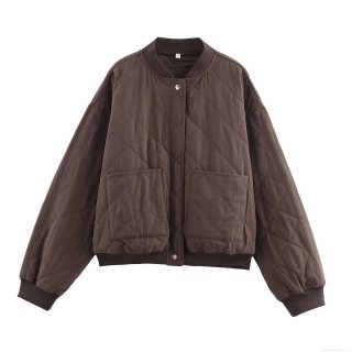 Women's Quilted Bomber Jacket Deep Brown Polyester Diamond Quilt Long Sleeve Snap Button Coat Double Pockets Autumn Winter Streetwear Casual Outerwear