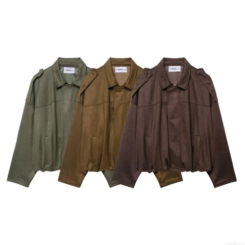 Women's Faux Suede Zip Up Jacket Lapel Collar Loose Fit Baseball Coat With Pockets And Shoulder Straps Vintage Streetwear Outerwear For Autumn Winter