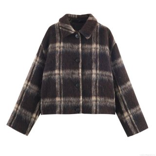 Women's Plaid Lapel Jacket Long Sleeve Single Breasted Woolen Texture Coat Casual Streetwear For Autumn Winter Outwear