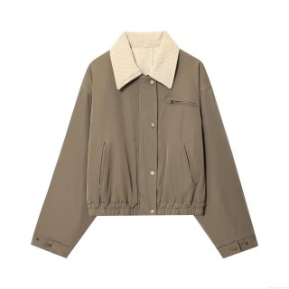 Women's Vintage Padded Workwear Jacket With Contrast Corduroy Lapel Collar Loose Long Sleeve Cotton Coat Zipper Button Outwear For Winter Daily