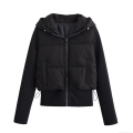 Women's Winter Hooded Spliced Padded Jacket Polyester Zipper Up Drawstring Hem Quilted Warm Outerwear Street Style Casual Jackets