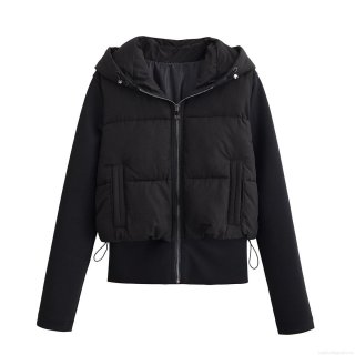 Women's Winter Hooded Spliced Padded Jacket Polyester Zipper Up Drawstring Hem Quilted Warm Outerwear Street Style Casual Jackets