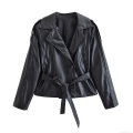 Women's Chic PU Leather Short Trench Coat Jacket With Belt Lapel Long Sleeve Single Breasted Streetwear Outerwear Autumn Winter