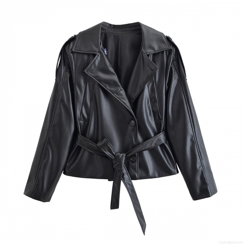 Women's Chic PU Leather Short Trench Coat Jacket With Belt Lapel Long Sleeve Single Breasted Streetwear Outerwear Autumn Winter