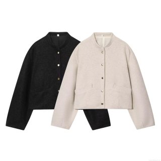 Women's Casual Woolen Texture Short Jacket Loose Fit Bomber Jacket With Gold Metal Buttons Minimalist Solid Color Autumn Outwear For Streetwear