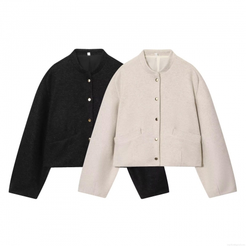 Women's Casual Woolen Texture Short Jacket Loose Fit Bomber Jacket With Gold Metal Buttons Minimalist Solid Color Autumn Outwear For Streetwear