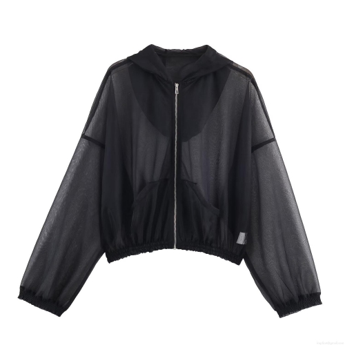 Women's Translucent Mesh Hooded Jacket Long Sleeve Zipper Baseball Outerwear Sheer Lightweight Breathable Streetwear Casual Coat Ladies Clothing