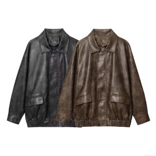 Women's Vintage PU Faux Leather Jacket Loose Fit Lapel Long Sleeve Zip Up Bomber Jacket Casual Streetwear Windproof Outwear Coat For Autumn Winter