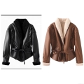 Women's Faux Leather Jacket With Faux Shearling Lining Shawl Collar Tie Waist Biker Style Winter Warm Streetwear Tied Sleeve Outwear Coat