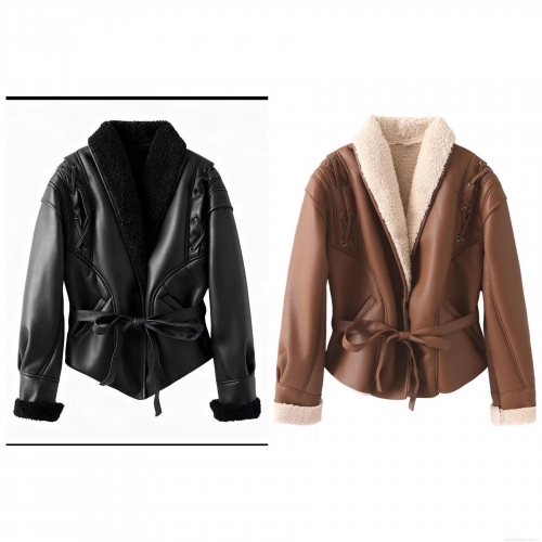 Women's Faux Leather Jacket With Faux Shearling Lining Shawl Collar Tie Waist Biker Style Winter Warm Streetwear Tied Sleeve Outwear Coat